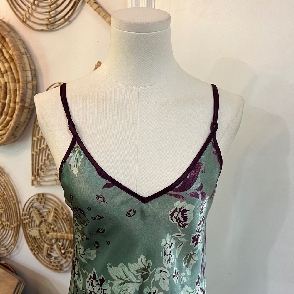 Vintage Halston 90s Fairycore Grunge Floral Satin Slip Green Purple Dress Small - Picture 3 of 8
